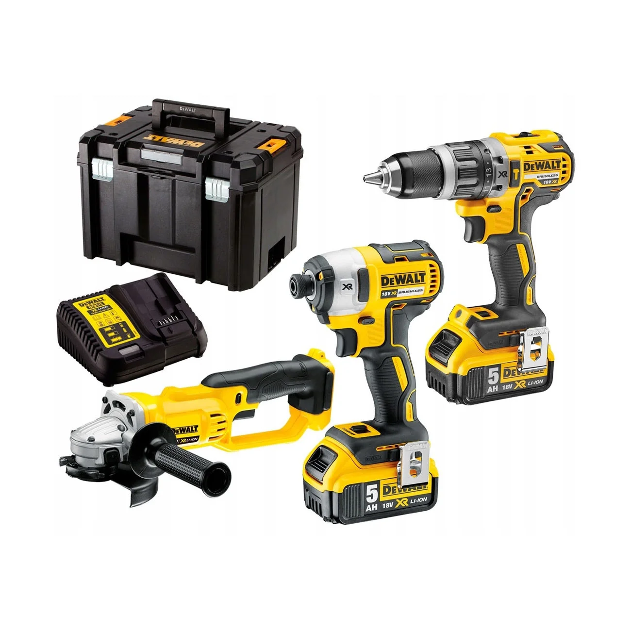DCK383P2T.jpg DeWALT set aku bušilica, aku udarni odvijač i aku brusilica DCK383P2T 18V 2x5Ah BRUSHLESS - Slika 1