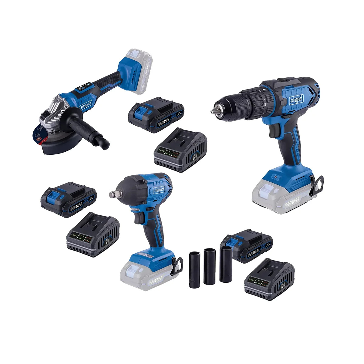 IXES-6 Scheppach aku set udarni odvijač aku udarna bušilica i aku ugaona brusilica Brushless IXES 6 - Slika 1