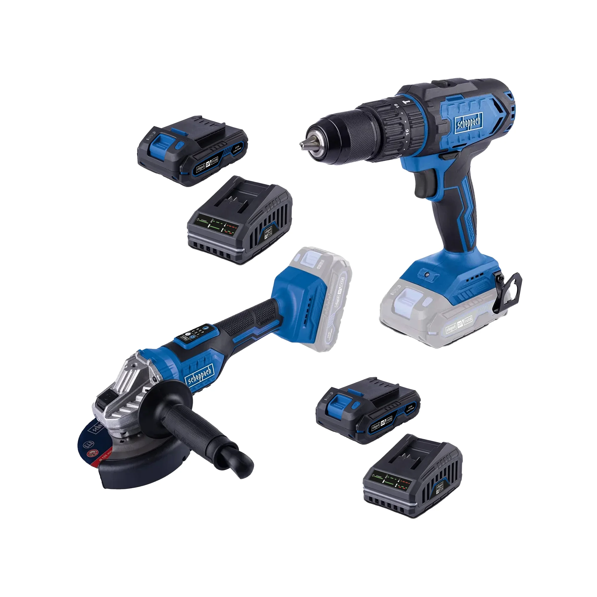 Scheppach-aku-set-IXES-3-74 Scheppach aku set ugaona brusilica i aku udarna bušilica Brushless IXES 3 - Slika 1