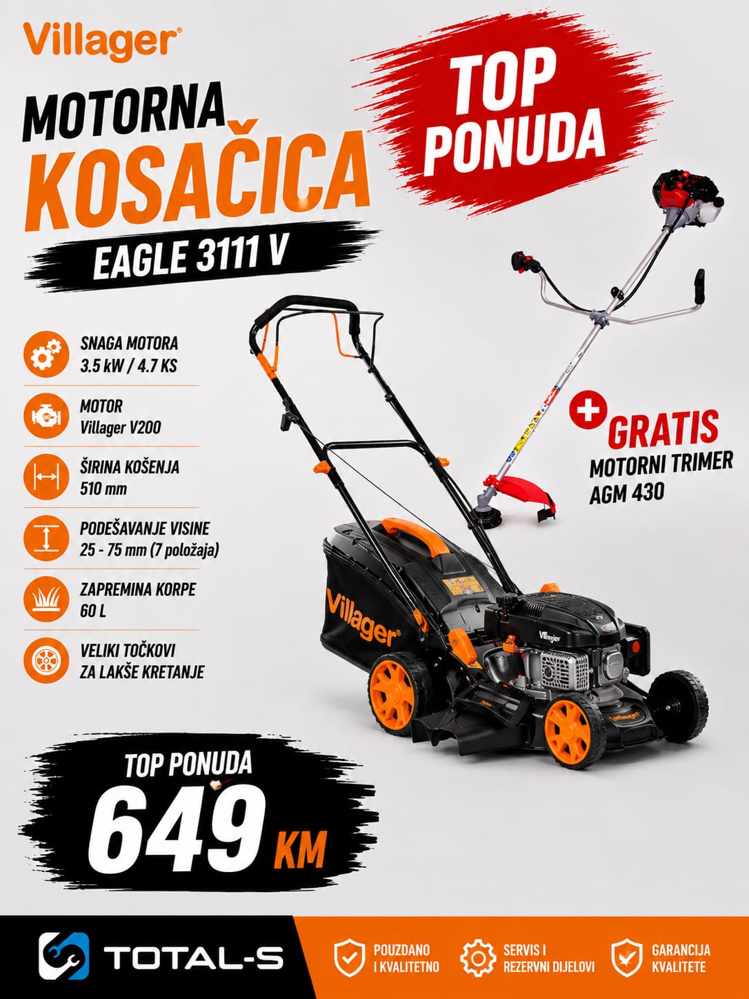 WhatsApp Image 2026-07-14 at 22.40.03 Motorna kosačica EAGLE 3111 V + Motorni trimer AGM 430 - Slika 1